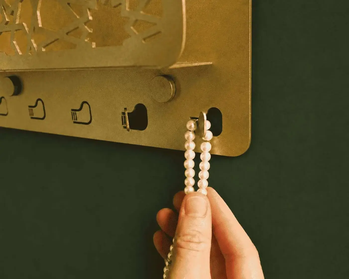 Premium Gold Acrylic Quran Wall Holder with Laser-Cut Islamic Geometric Pattern, Bismillah Calligraphy, and Tasbih Hooks - Wall Mounted Quran Stand for Islamic Home Decor - ZenteMart Pakistan - View 4
