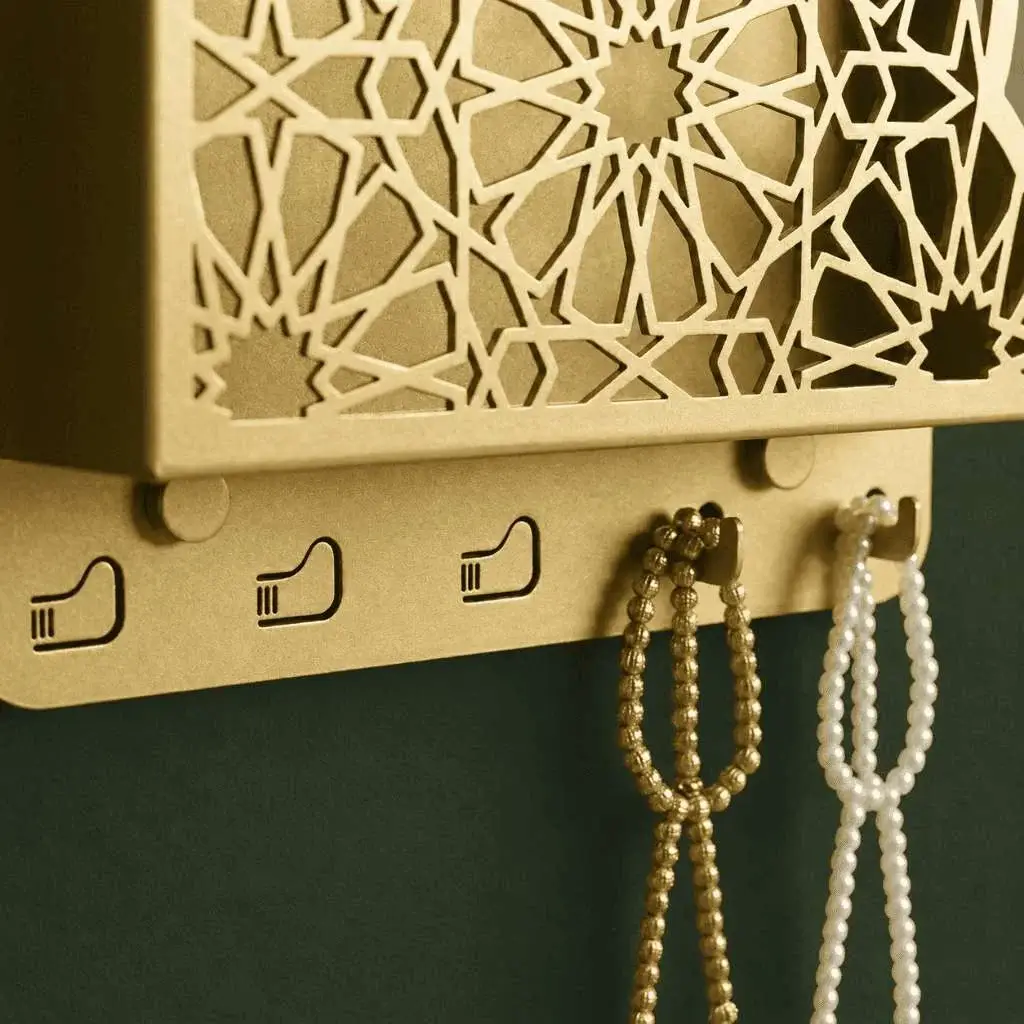 Premium Gold Acrylic Quran Wall Holder with Laser-Cut Islamic Geometric Pattern, Bismillah Calligraphy, and Tasbih Hooks - Wall Mounted Quran Stand for Islamic Home Decor - ZenteMart Pakistan - View 2