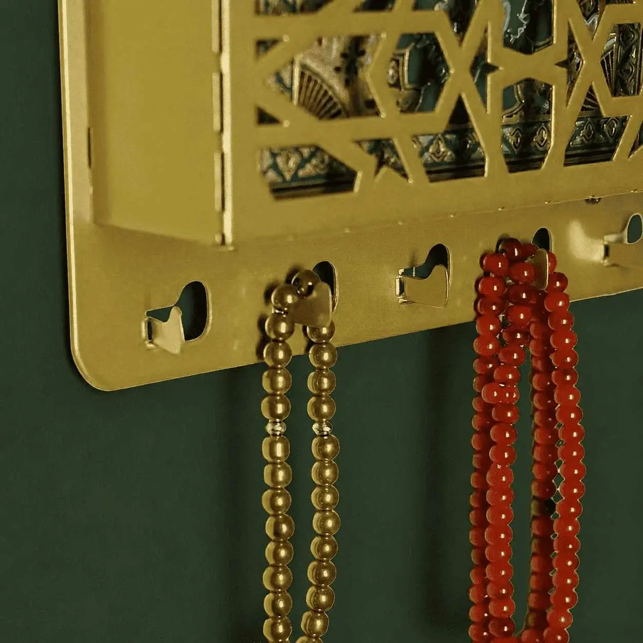 Premium Gold Acrylic Quran Wall Holder with Laser-Cut Islamic Geometric Pattern, Bismillah Calligraphy, and Tasbih Hooks - Wall Mounted Quran Stand for Islamic Home Decor - ZenteMart Pakistan - View 6
