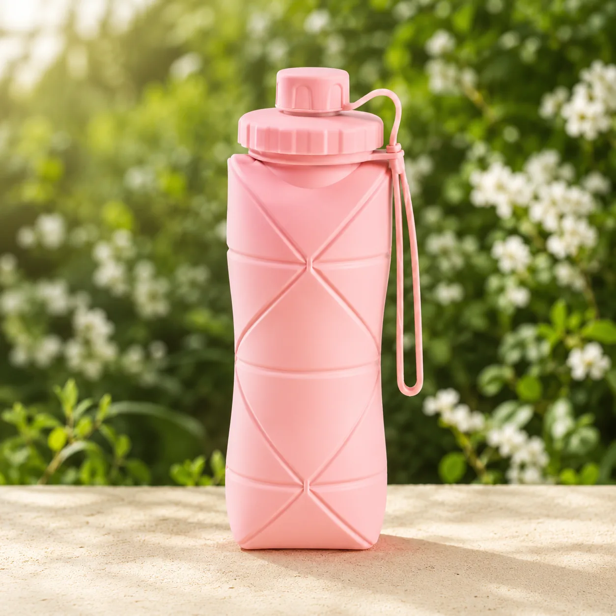 Pink collapsible silicone water bottle that folds flat for travel