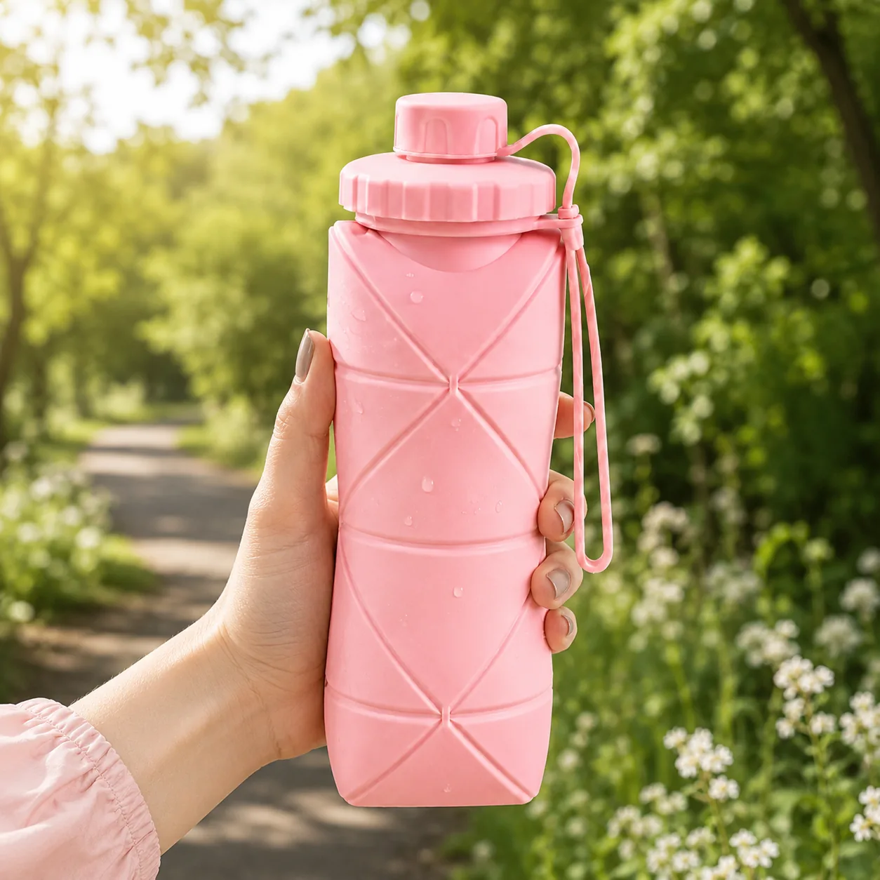 Pink collapsible silicone water bottle that folds flat for travel - View 3