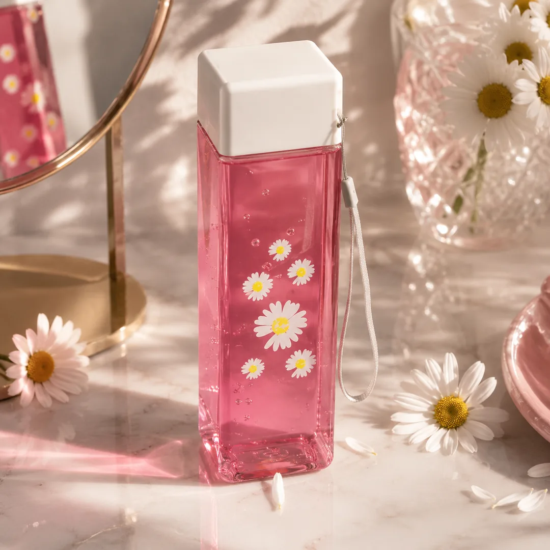 Clear square daisy water bottle with carry strap – ZenteMart Pakistan