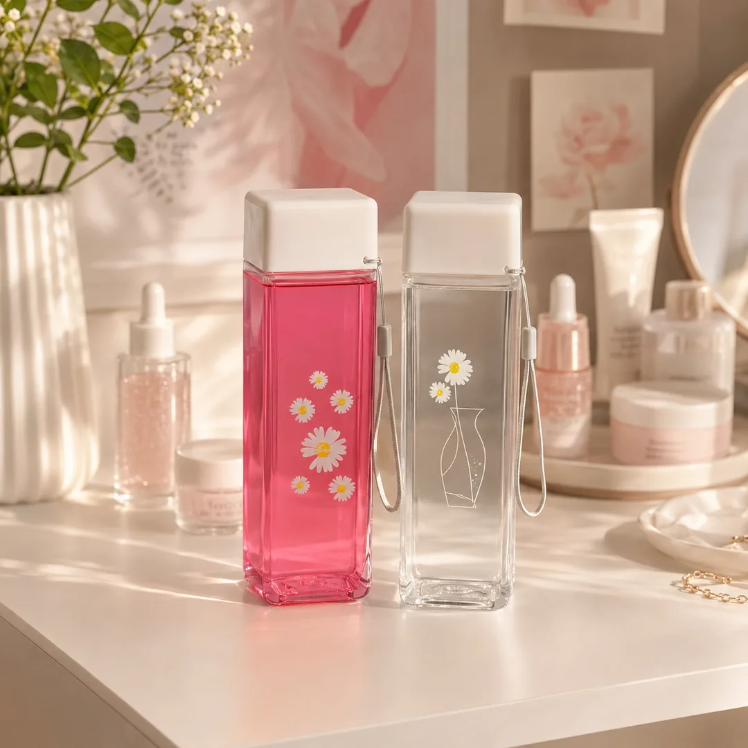 Clear square daisy water bottle with carry strap – ZenteMart Pakistan - View 2