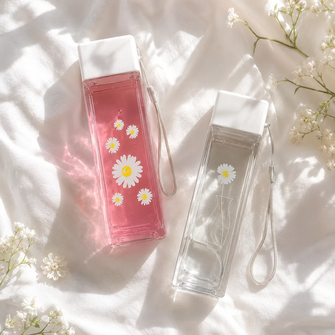 Clear square daisy water bottle with carry strap – ZenteMart Pakistan - View 3