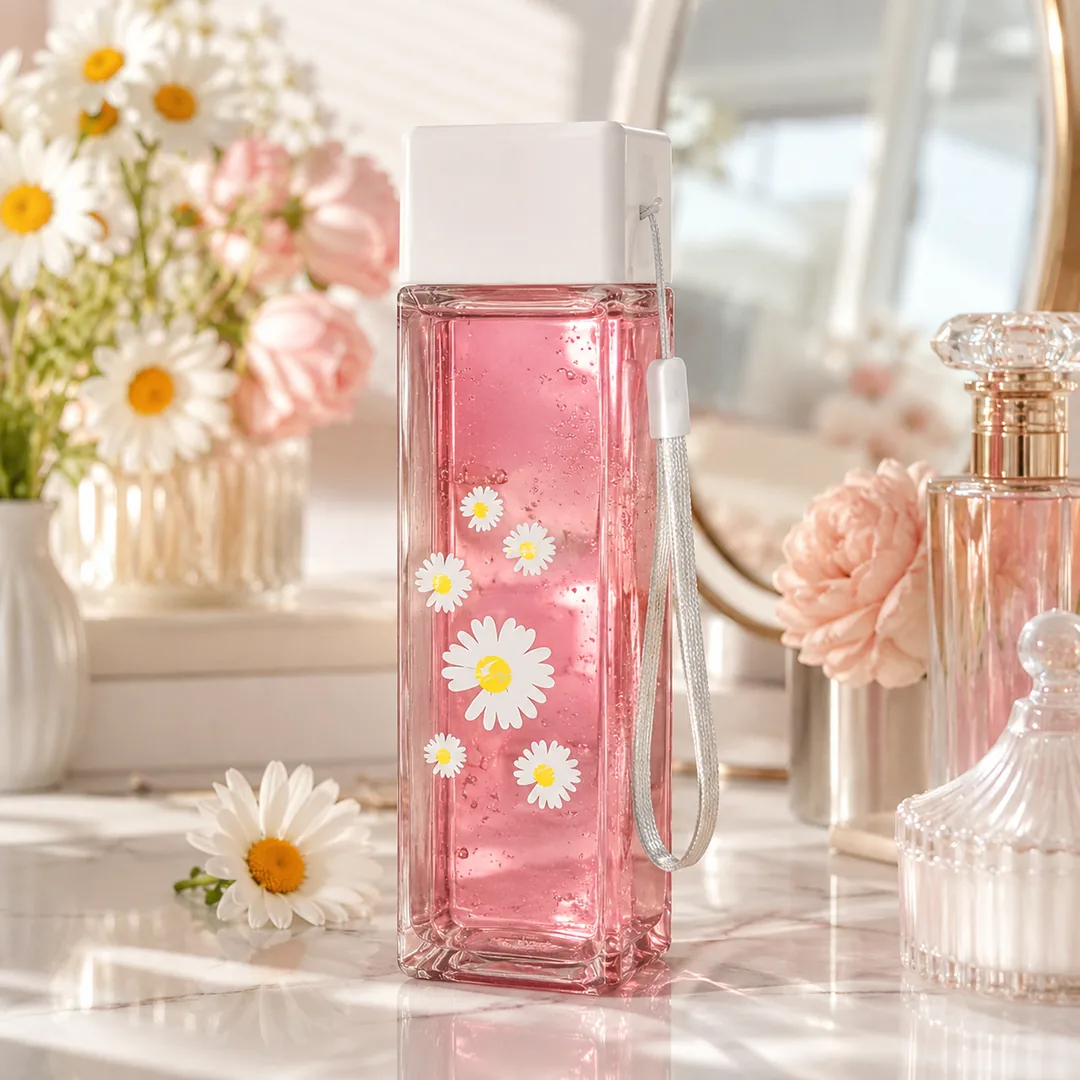 Clear square daisy water bottle with carry strap – ZenteMart Pakistan - View 4