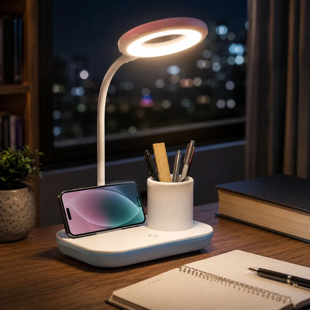 White LED desk lamp with wireless charging, phone stand and pen holder – ZenteMart Pakistan
