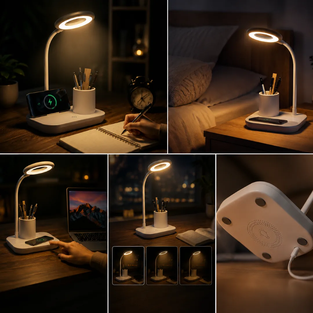 White LED desk lamp with wireless charging, phone stand and pen holder – ZenteMart Pakistan - View 2
