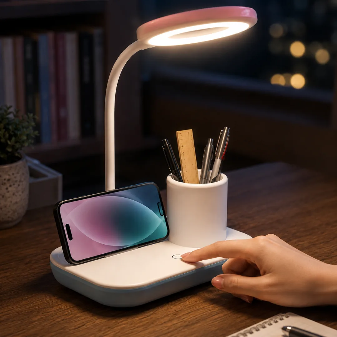 White LED desk lamp with wireless charging, phone stand and pen holder – ZenteMart Pakistan - View 3