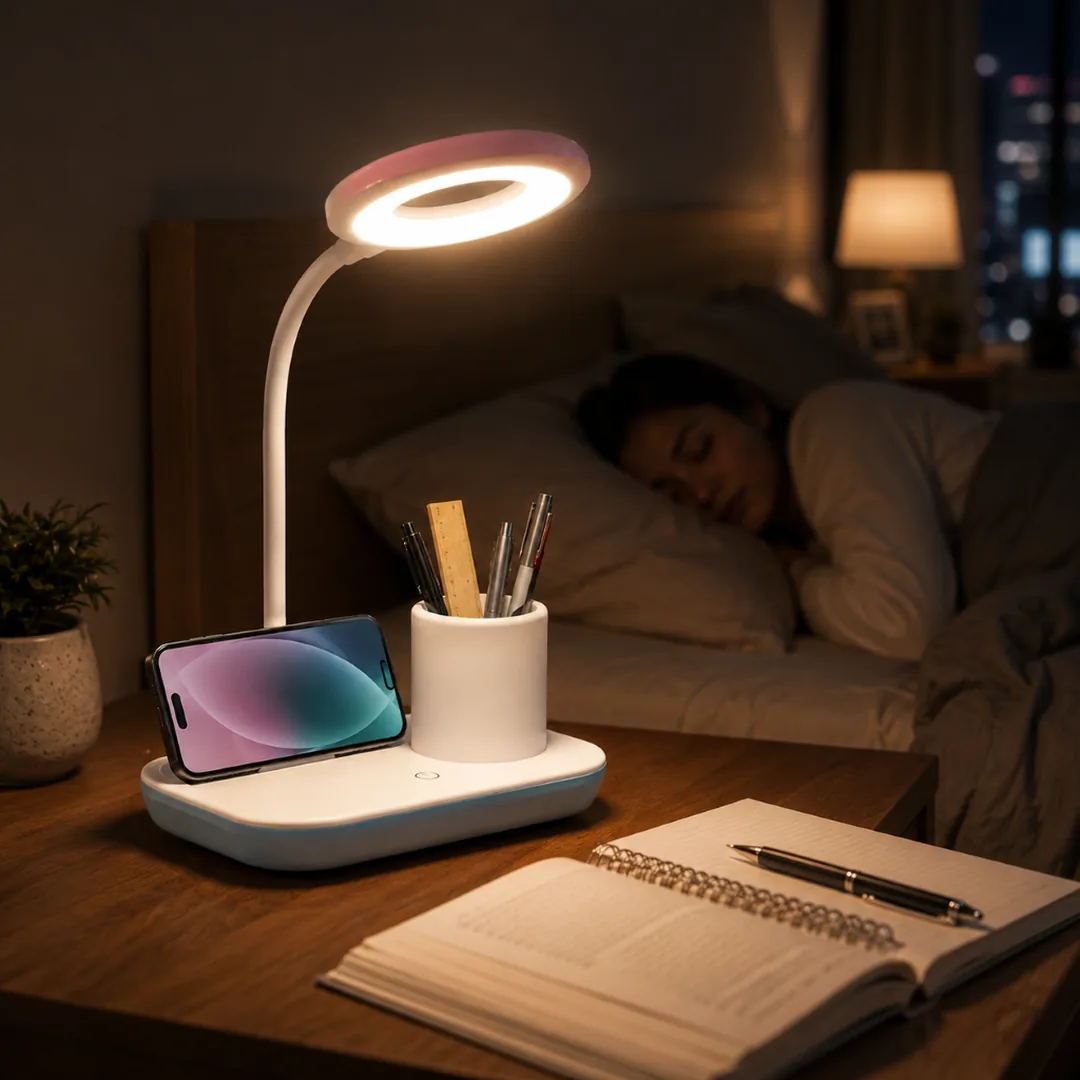 White LED desk lamp with wireless charging, phone stand and pen holder – ZenteMart Pakistan - View 4