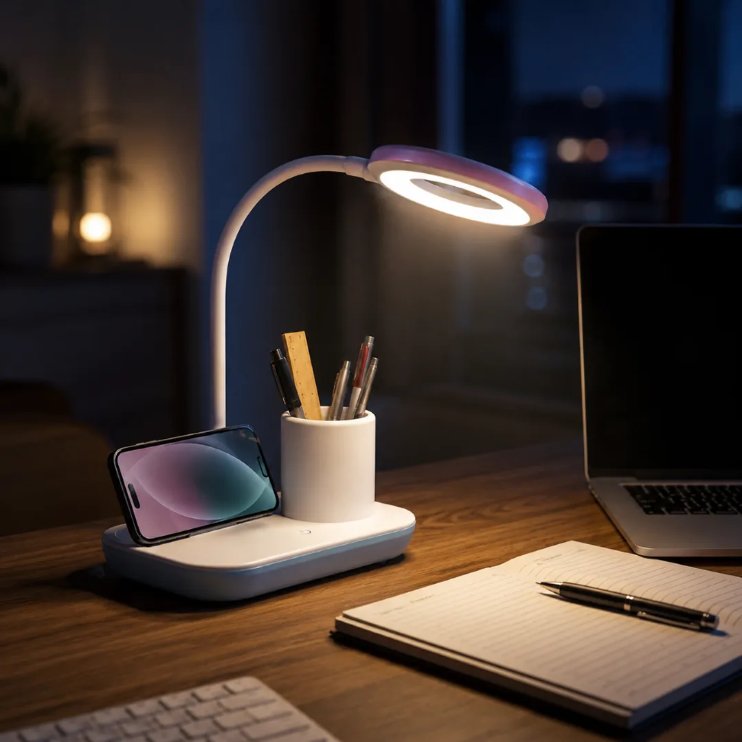 White LED desk lamp with wireless charging, phone stand and pen holder – ZenteMart Pakistan - View 5