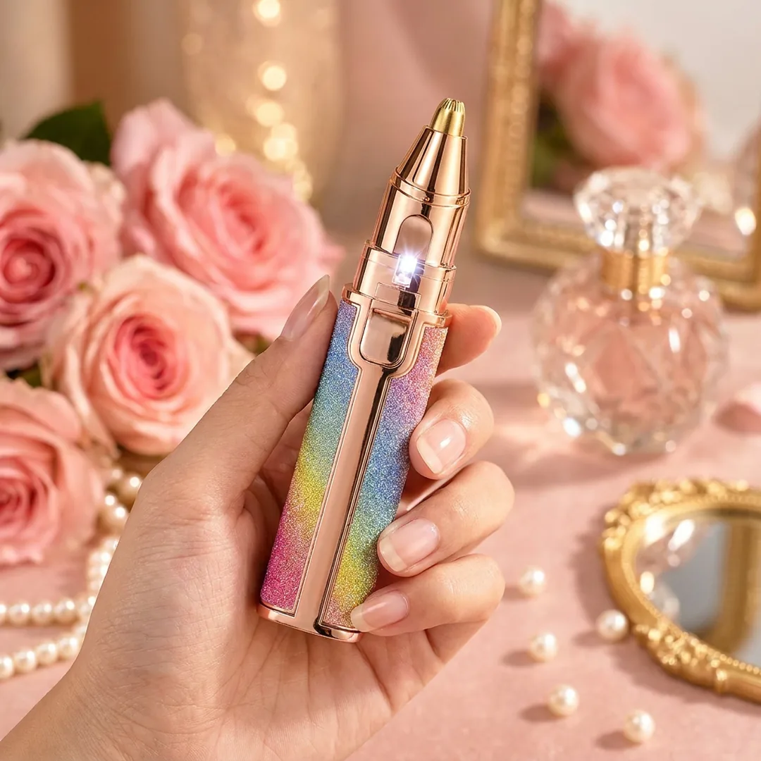 Rose gold rainbow facial hair remover and eyebrow trimmer with LED light – ZenteMart Pakistan - View 2