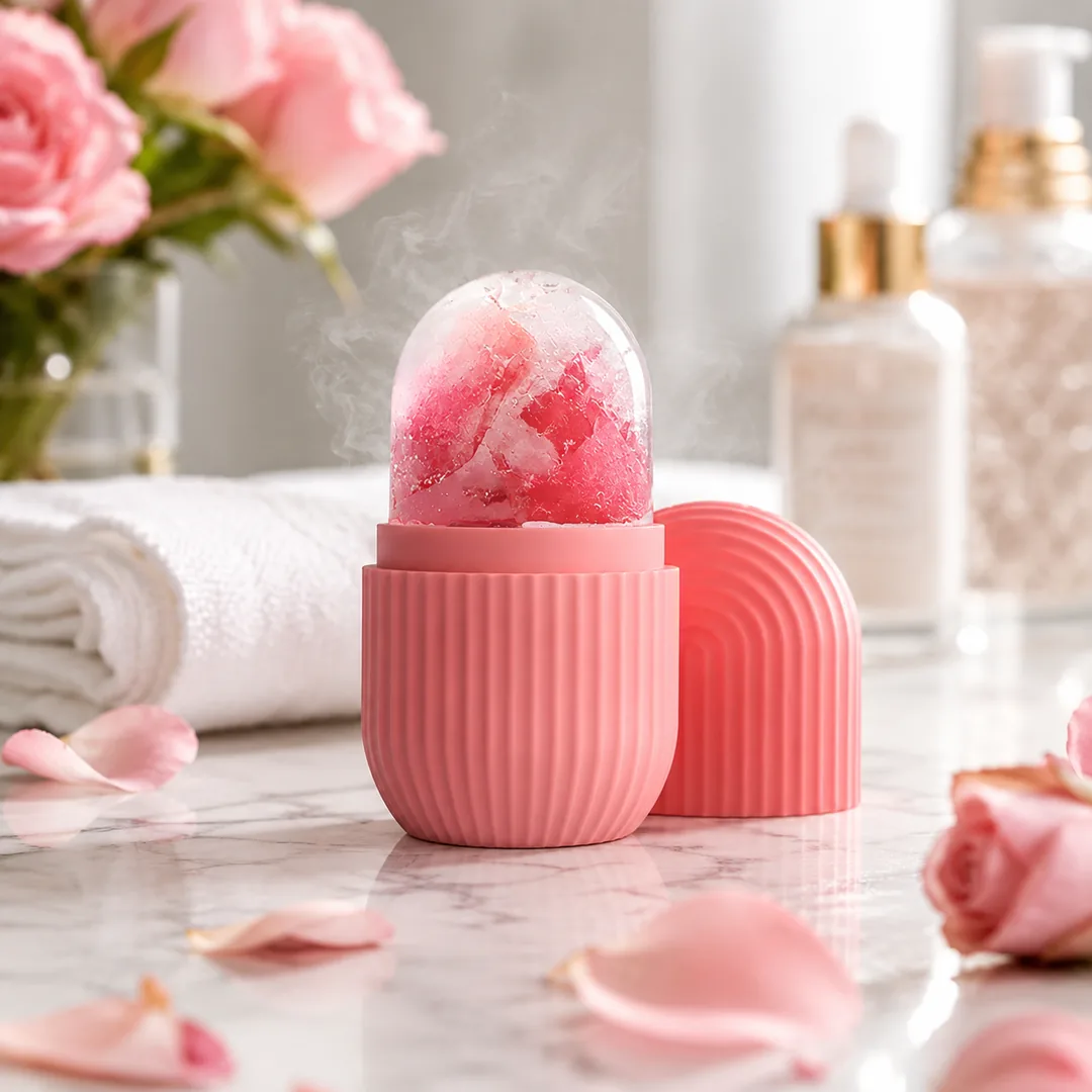 Pink silicone facial ice roller with frozen rose petals – ZenteMart Pakistan