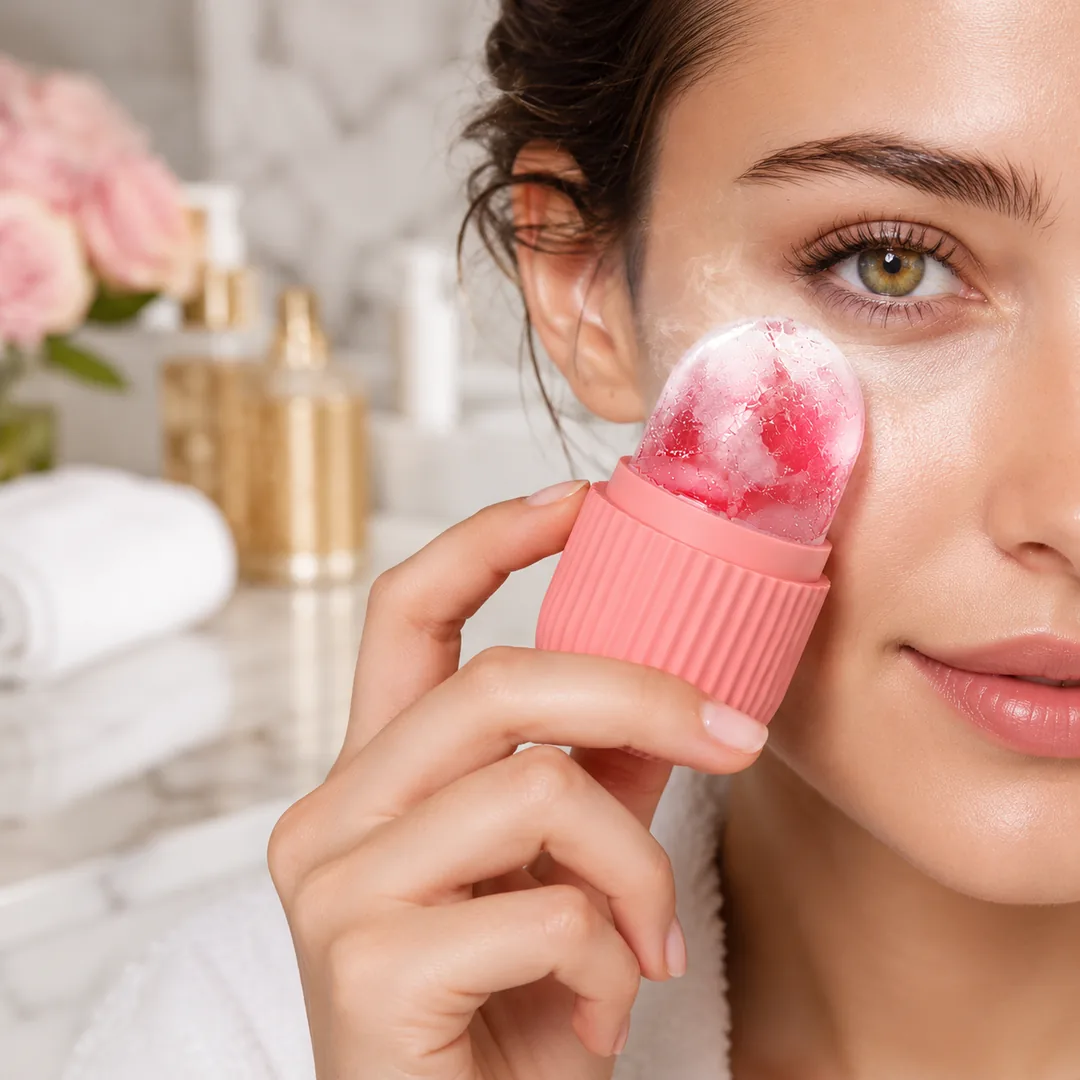 Pink silicone facial ice roller with frozen rose petals – ZenteMart Pakistan thumbnail 2