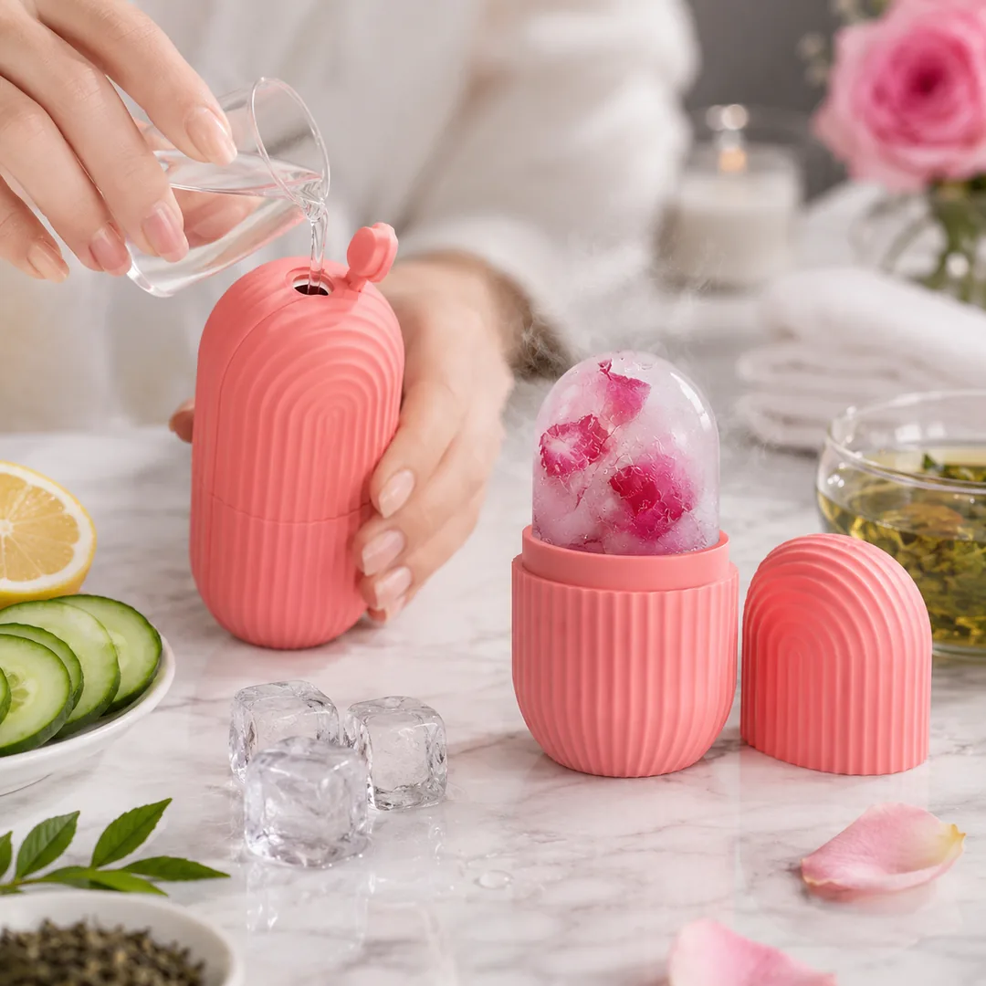 Pink silicone facial ice roller with frozen rose petals – ZenteMart Pakistan thumbnail 3