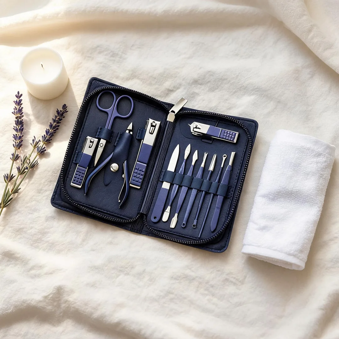 Navy blue leather manicure and pedicure kit with stainless steel tools – ZenteMart Pakistan