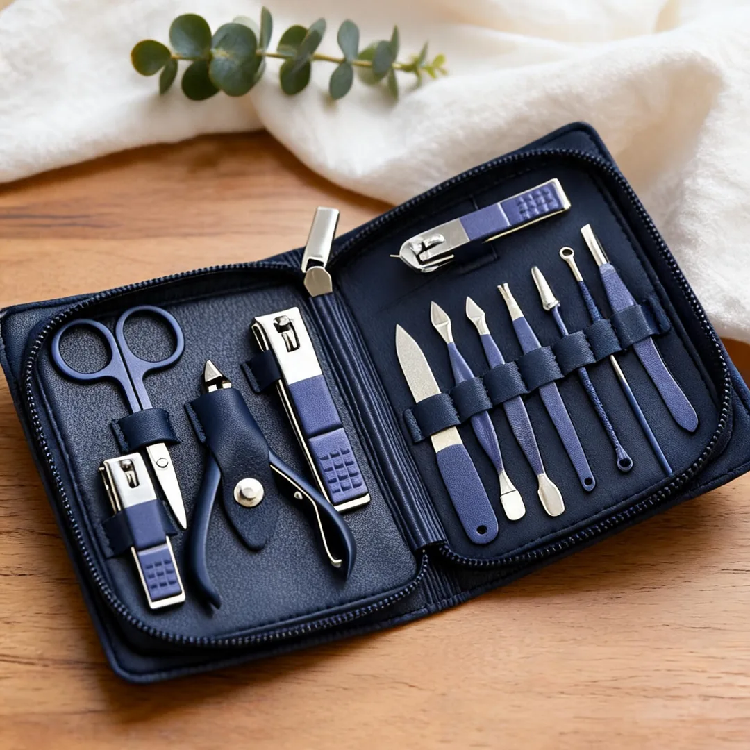 Navy blue leather manicure and pedicure kit with stainless steel tools – ZenteMart Pakistan thumbnail 4