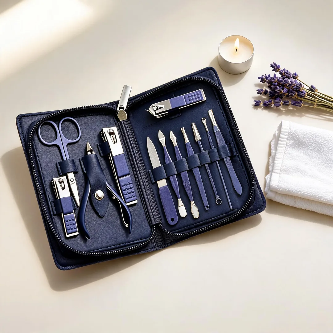 Navy blue leather manicure and pedicure kit with stainless steel tools – ZenteMart Pakistan thumbnail 5