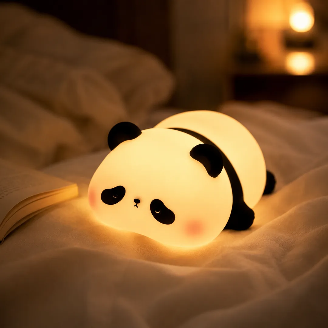 Cute panda silicone night lamp glowing warm on a bed – ZenteMart Pakistan