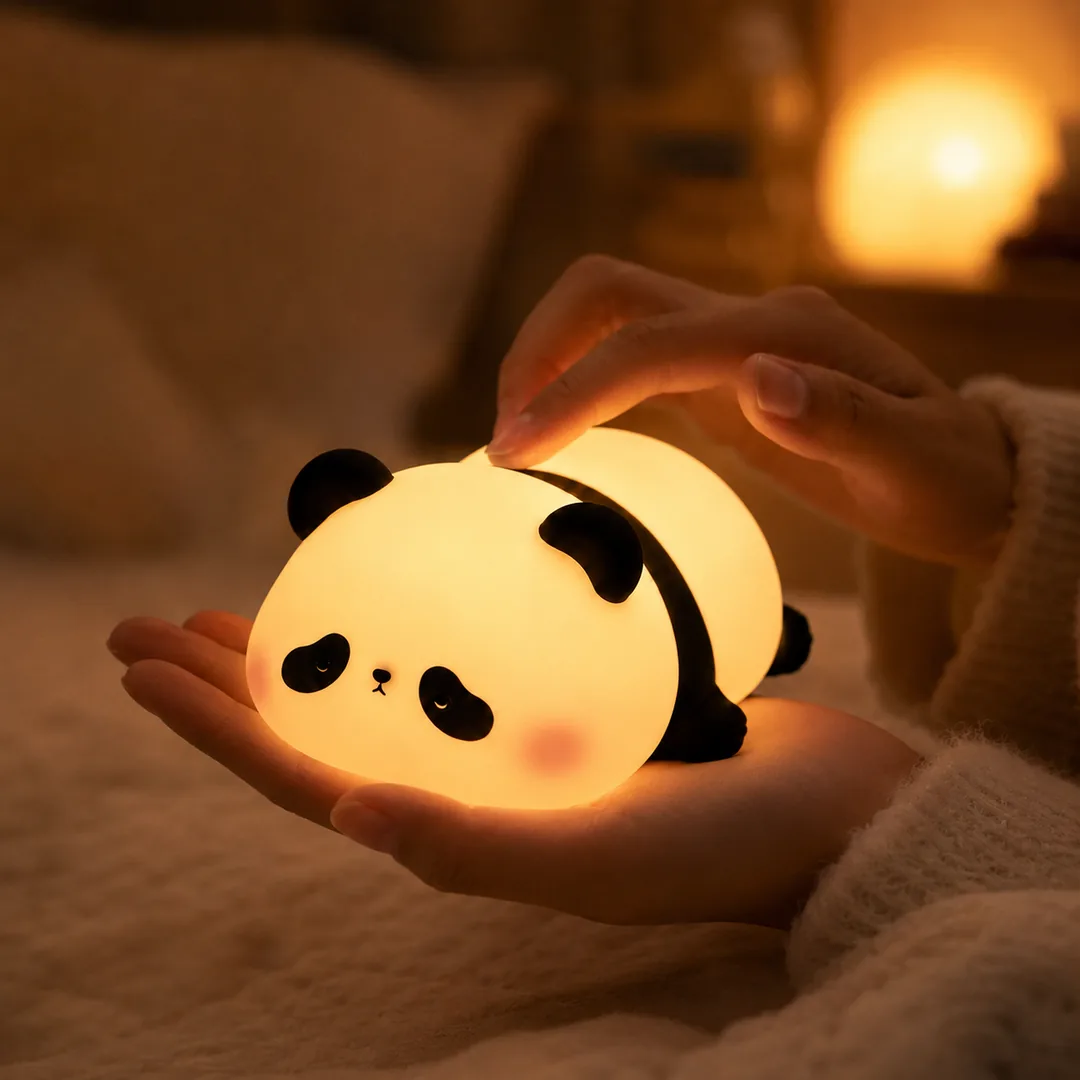 Cute panda silicone night lamp glowing warm on a bed – ZenteMart Pakistan - View 3