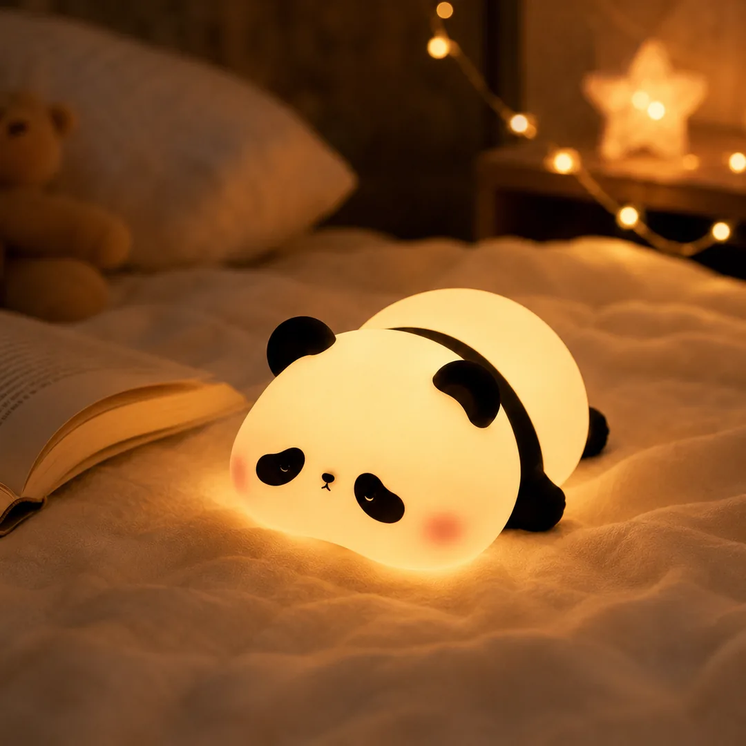 Cute panda silicone night lamp glowing warm on a bed – ZenteMart Pakistan - View 4