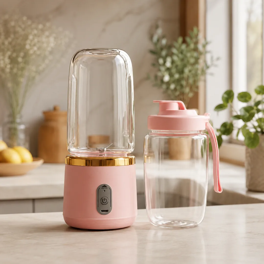 Pink and gold portable mini blender juicer with travel bottle – ZenteMart Pakistan