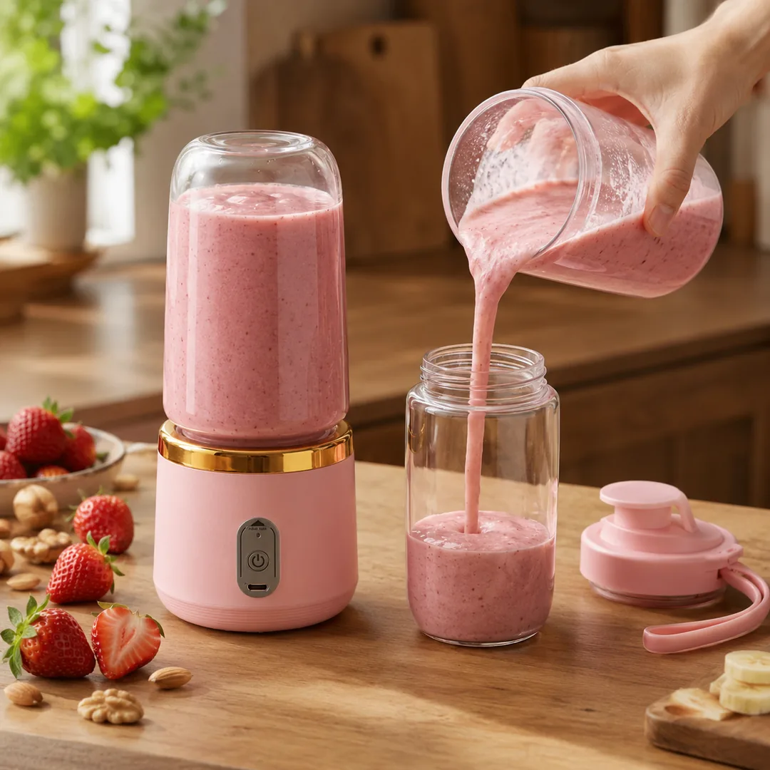 Pink and gold portable mini blender juicer with travel bottle – ZenteMart Pakistan - View 2