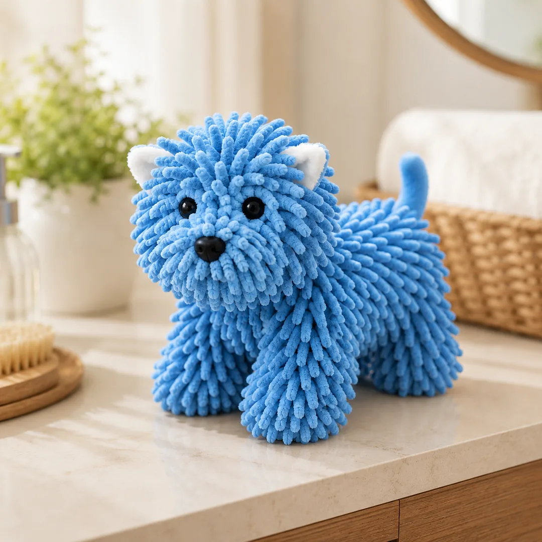 Blue puppy-shaped chenille microfiber hand towel with hanging loop – ZenteMart Pakistan