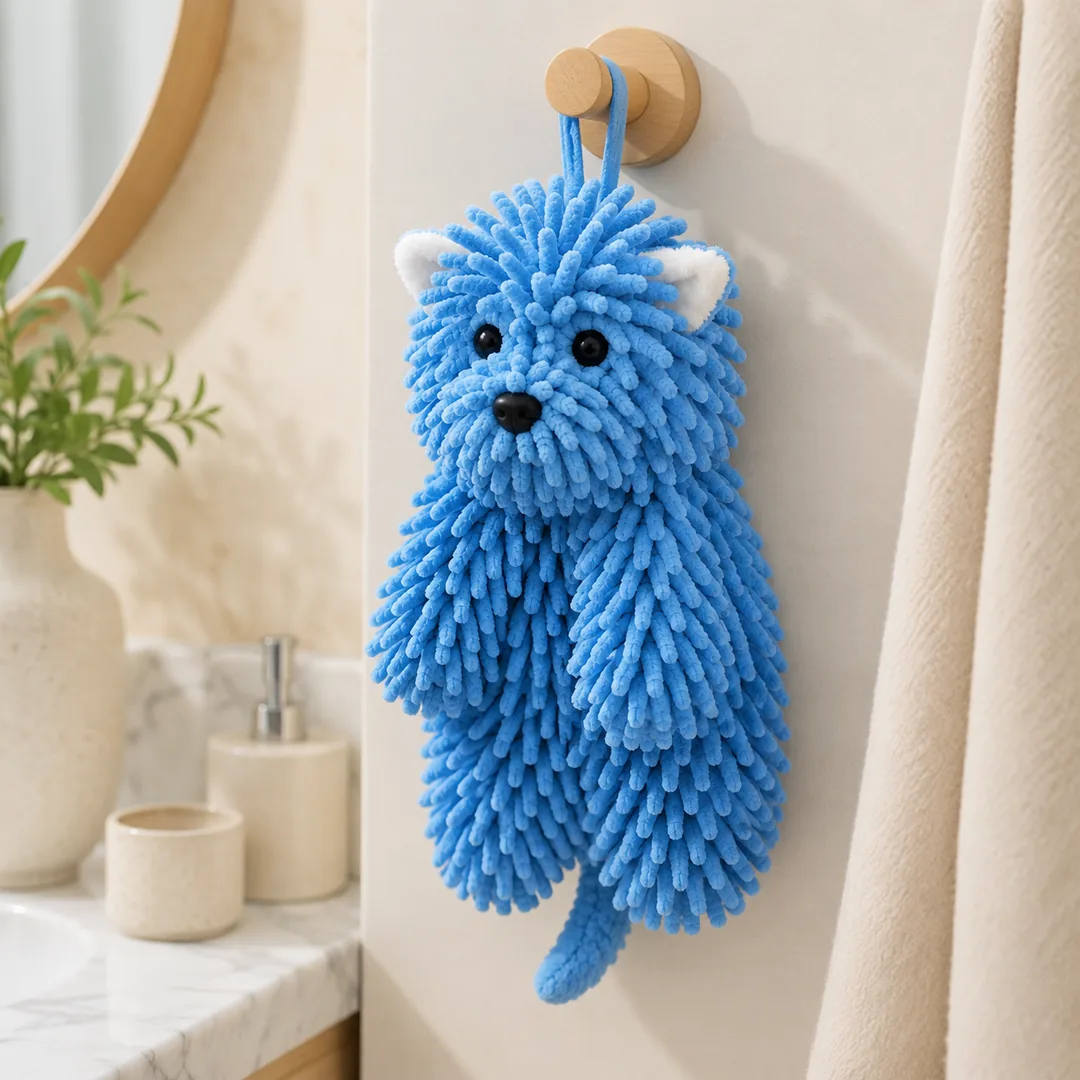 Blue puppy-shaped chenille microfiber hand towel with hanging loop – ZenteMart Pakistan thumbnail 2
