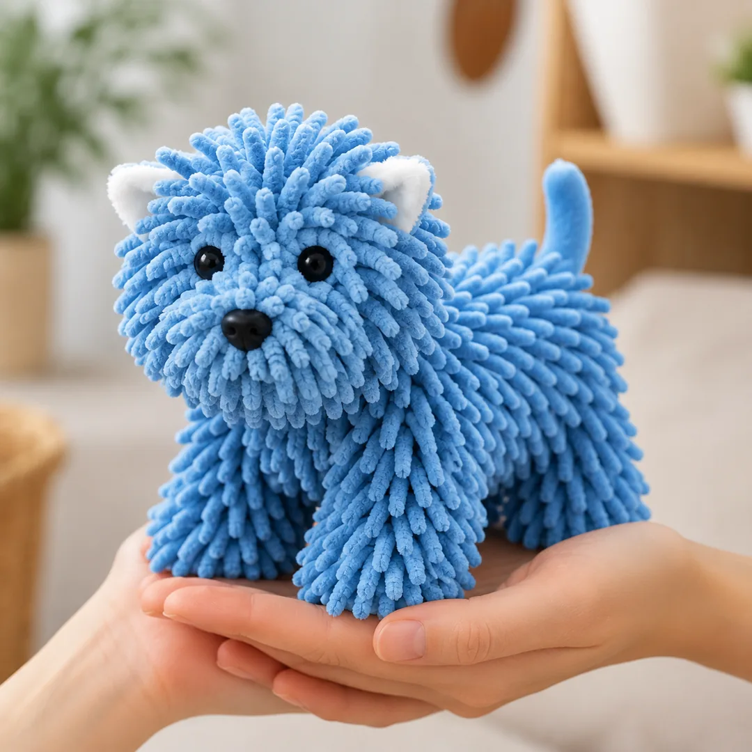 Blue puppy-shaped chenille microfiber hand towel with hanging loop – ZenteMart Pakistan thumbnail 3