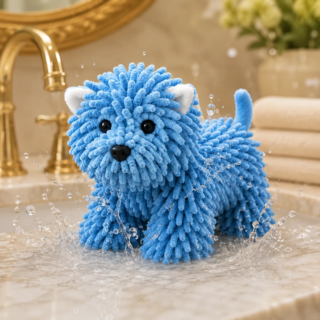 Blue puppy-shaped chenille microfiber hand towel with hanging loop – ZenteMart Pakistan thumbnail 4