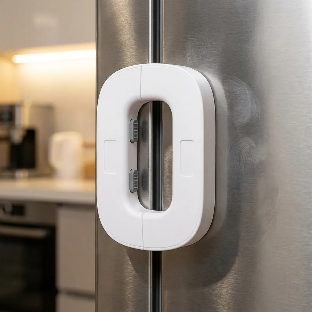 White refrigerator child safety lock on a fridge door – ZenteMart Pakistan