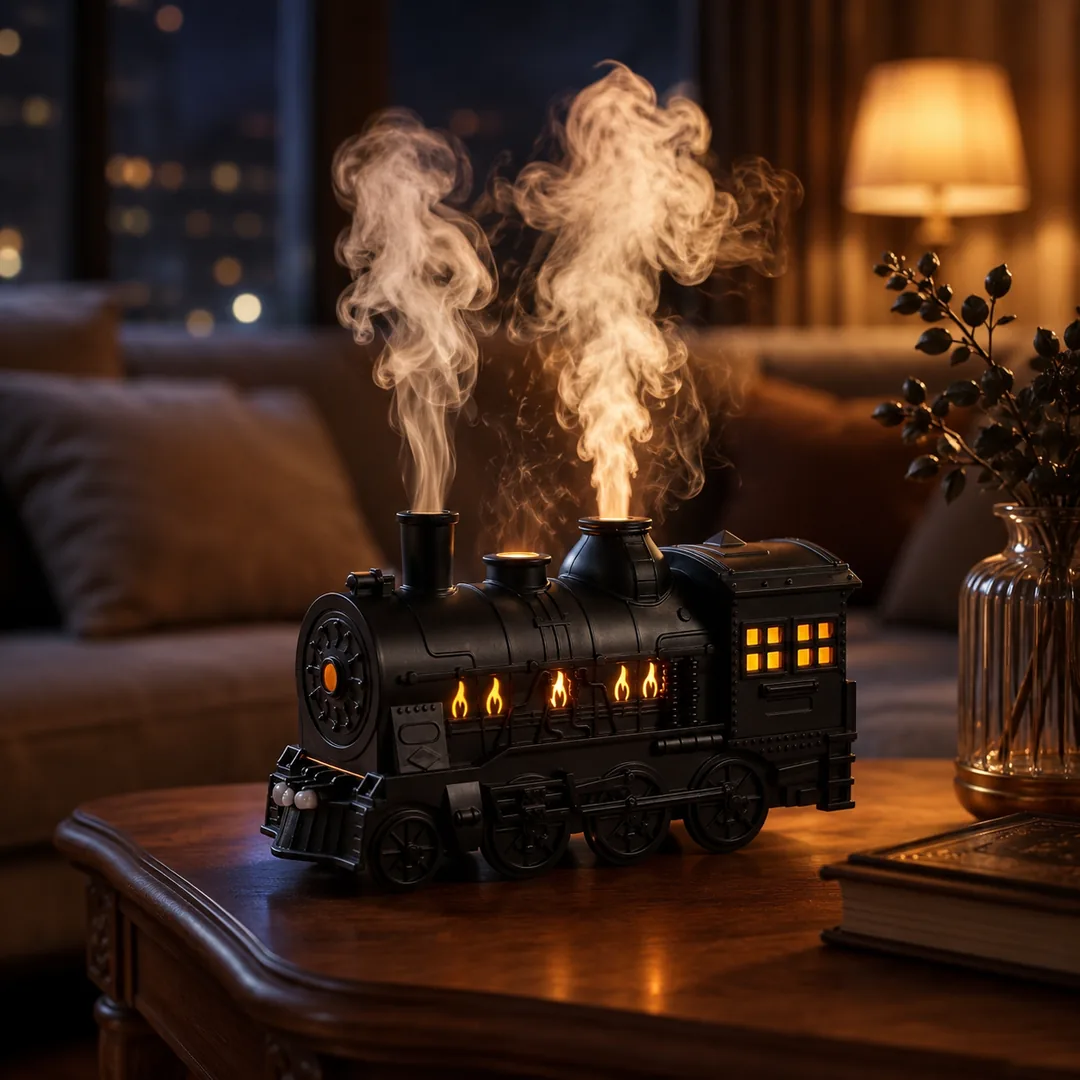 Retro steam train aroma diffuser releasing mist with flame LED lights – ZenteMart Pakistan
