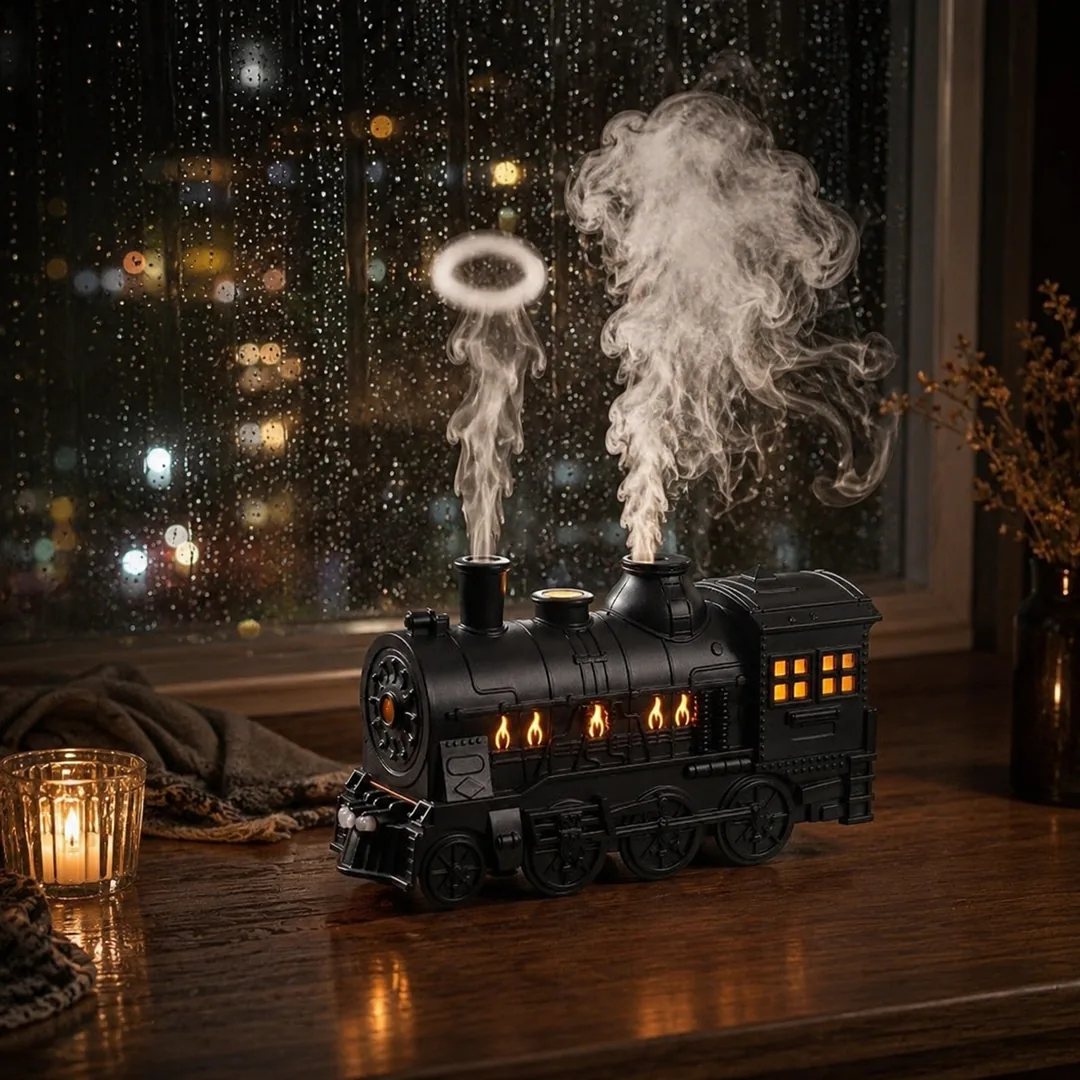 Retro steam train aroma diffuser releasing mist with flame LED lights – ZenteMart Pakistan - View 2