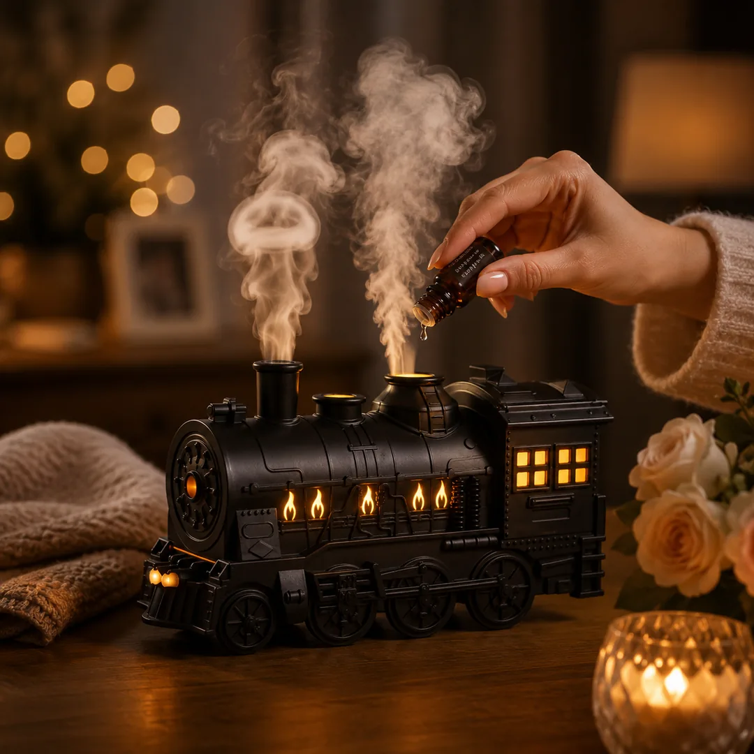 Retro steam train aroma diffuser releasing mist with flame LED lights – ZenteMart Pakistan - View 3