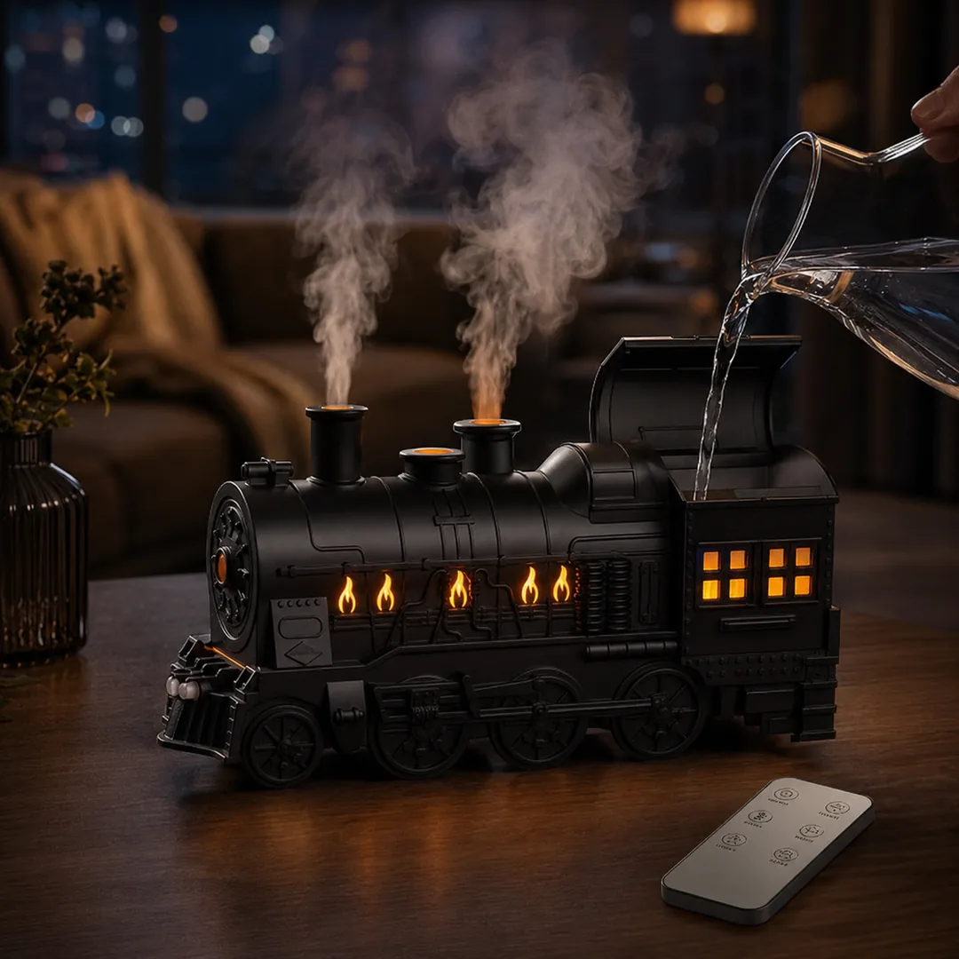 Retro steam train aroma diffuser releasing mist with flame LED lights – ZenteMart Pakistan - View 4