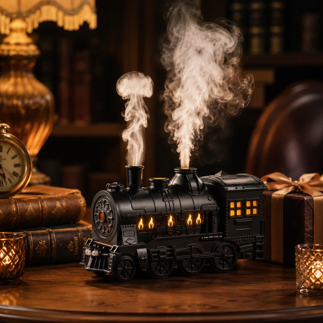 Retro steam train aroma diffuser releasing mist with flame LED lights – ZenteMart Pakistan - View 5